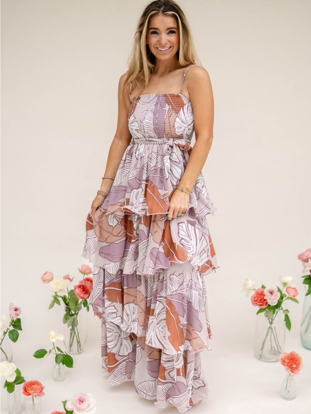 Smocked Tiered Floral Dress in Mauve and Rust